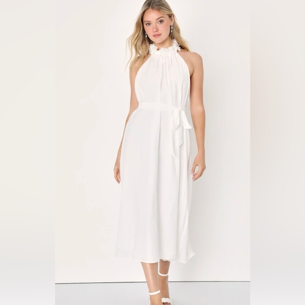 Angelic Outlook White 3D Floral Halter Shift Midi Dress